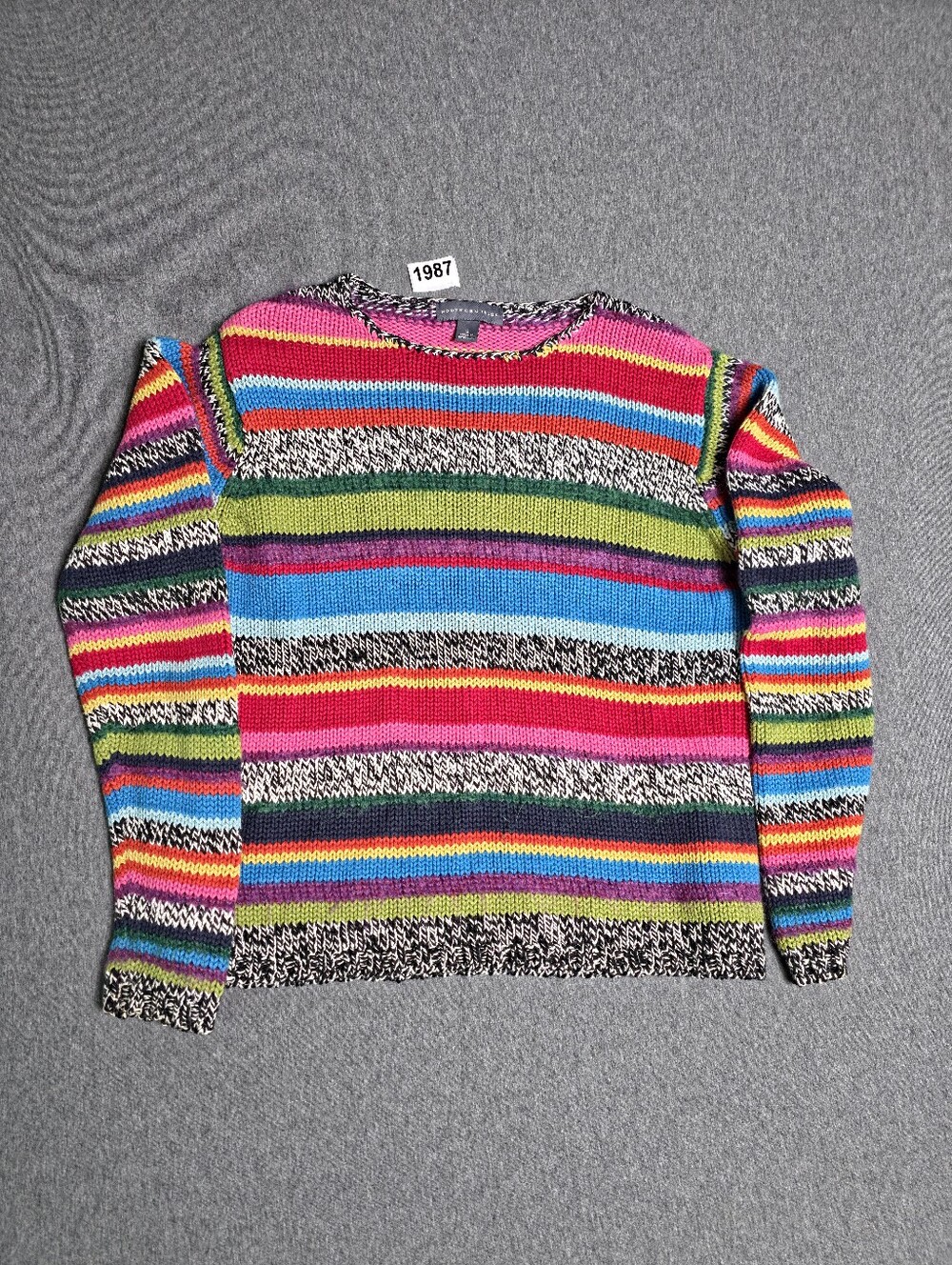 Striped Multicolor Crewneck Sweater Small - Pink, Blue, Green 80s